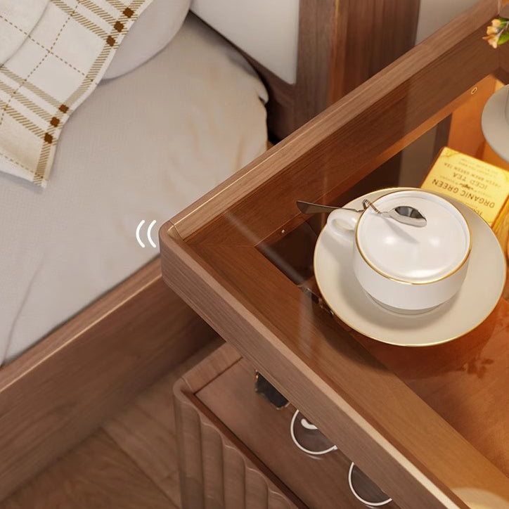 Table de chevet carrée en bois massif chinois traditionnel avec verre rayé et 2 tiroirs pour chambre 