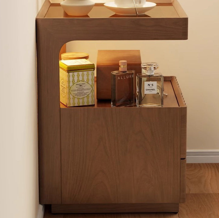 Table de chevet carrée en bois massif chinois traditionnel avec verre rayé et 2 tiroirs pour chambre 