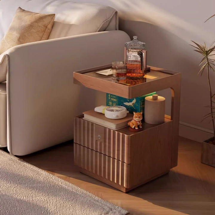Table de chevet carrée en bois massif chinois traditionnel avec verre rayé et 2 tiroirs pour chambre 