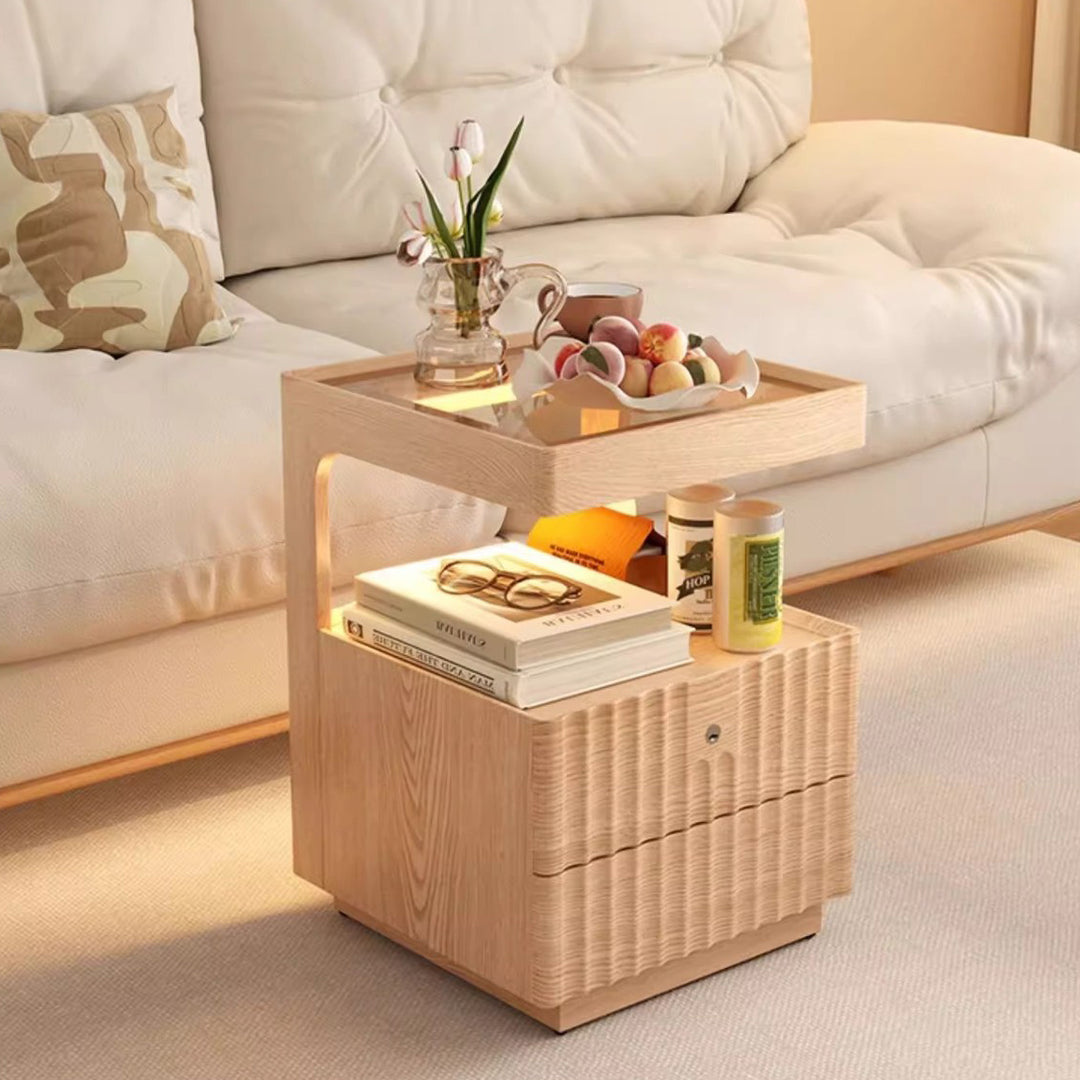 Table de chevet carrée en bois massif chinois traditionnel avec verre rayé et 2 tiroirs pour chambre 