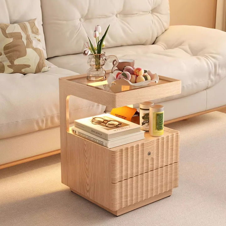 Table de chevet carrée en bois massif chinois traditionnel avec verre rayé et 2 tiroirs pour chambre 