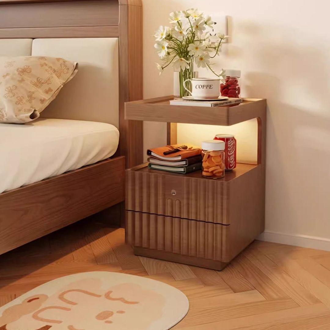 Table de chevet carrée en bois massif chinois traditionnel avec verre rayé et 2 tiroirs pour chambre 