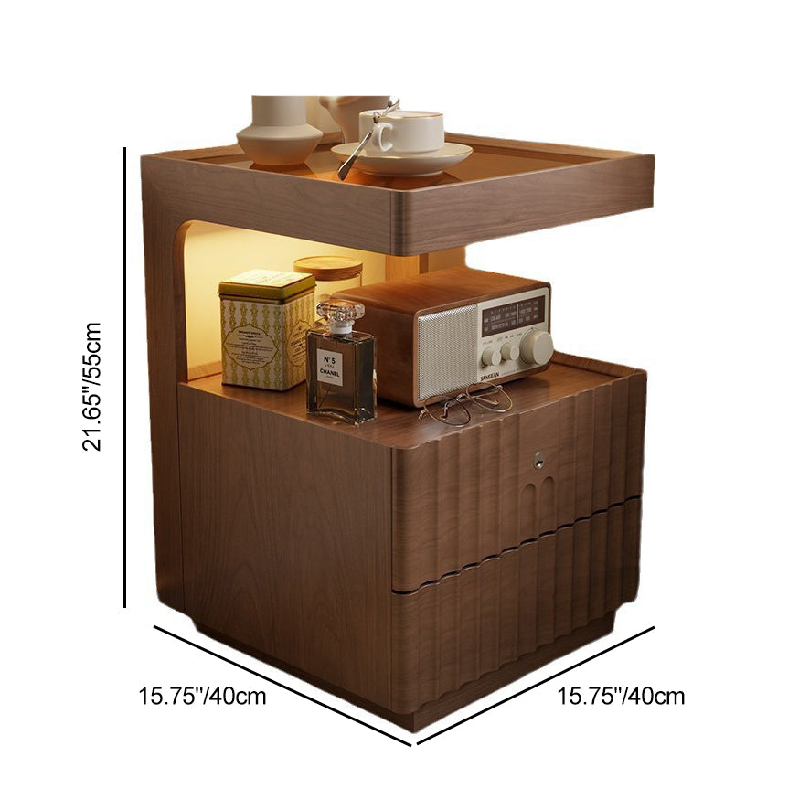 Table de chevet carrée en bois massif chinois traditionnel avec verre rayé et 2 tiroirs pour chambre 
