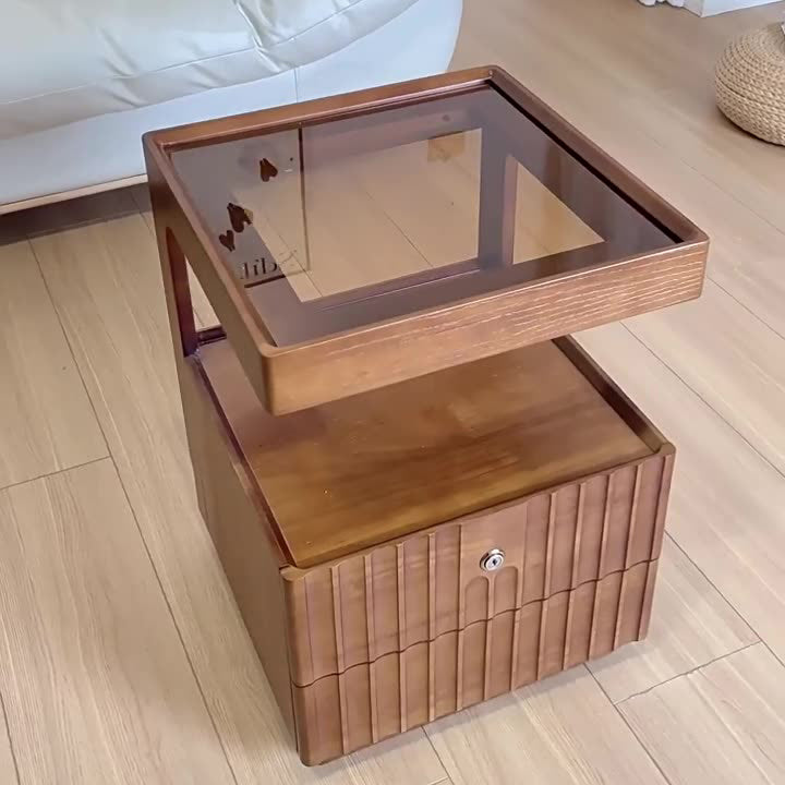 Table de chevet carrée en bois massif chinois traditionnel avec verre rayé et 2 tiroirs pour chambre 
