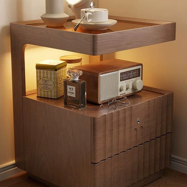 Table de chevet carrée en bois massif chinois traditionnel avec verre rayé et 2 tiroirs pour chambre 