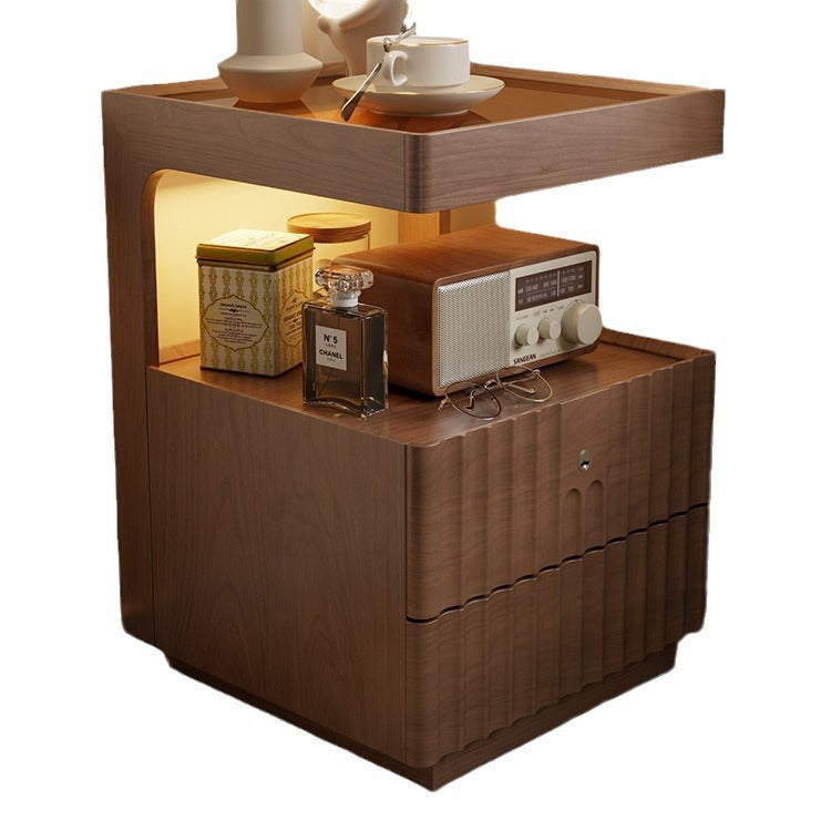 Table de chevet carrée en bois massif chinois traditionnel avec verre rayé et 2 tiroirs pour chambre 