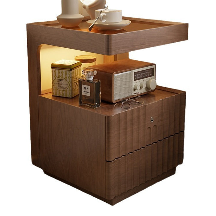 Table de chevet carrée en bois massif chinois traditionnel avec verre rayé et 2 tiroirs pour chambre 