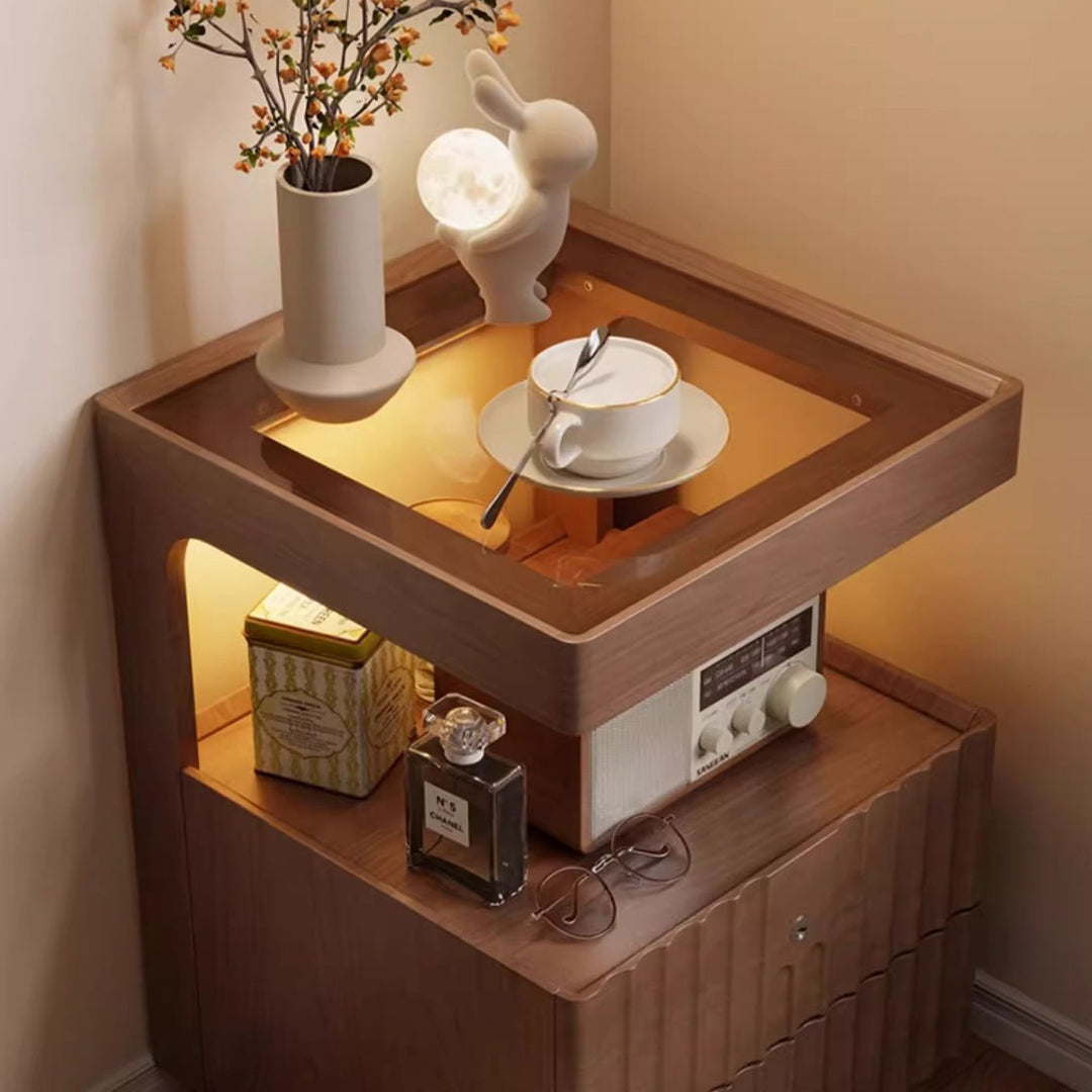 Table de chevet carrée en bois massif chinois traditionnel avec verre rayé et 2 tiroirs pour chambre 