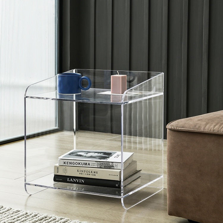 Contemporary Scandinavian Acrylic Square Nightstand 2-Tier For Bedroom