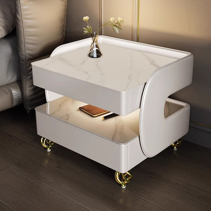 طاولة جانبية مربعة حديثة من الحجر الملبد والزجاج والمعدن والخشب بطابقين لغرفة النوم 
