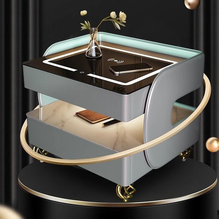 Table de chevet carrée contemporaine scandinave en pierre frittée, verre, métal et bois à 2 niveaux pour chambre 