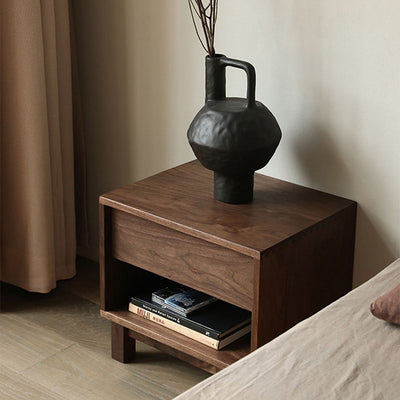 Traditional Japanese Solid Wood Rectangular Nightstand 2-Tier For Bedroom