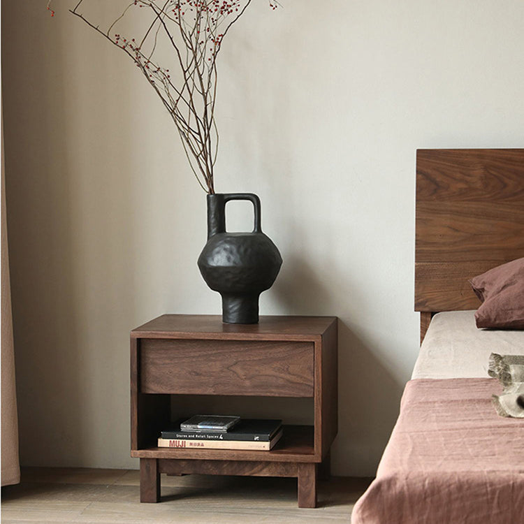 Traditional Japanese Solid Wood Rectangular Nightstand 2-Tier For Bedroom