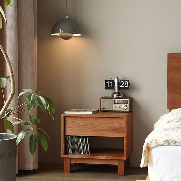 Traditional Japanese Solid Wood Rectangular Nightstand 2-Tier For Bedroom