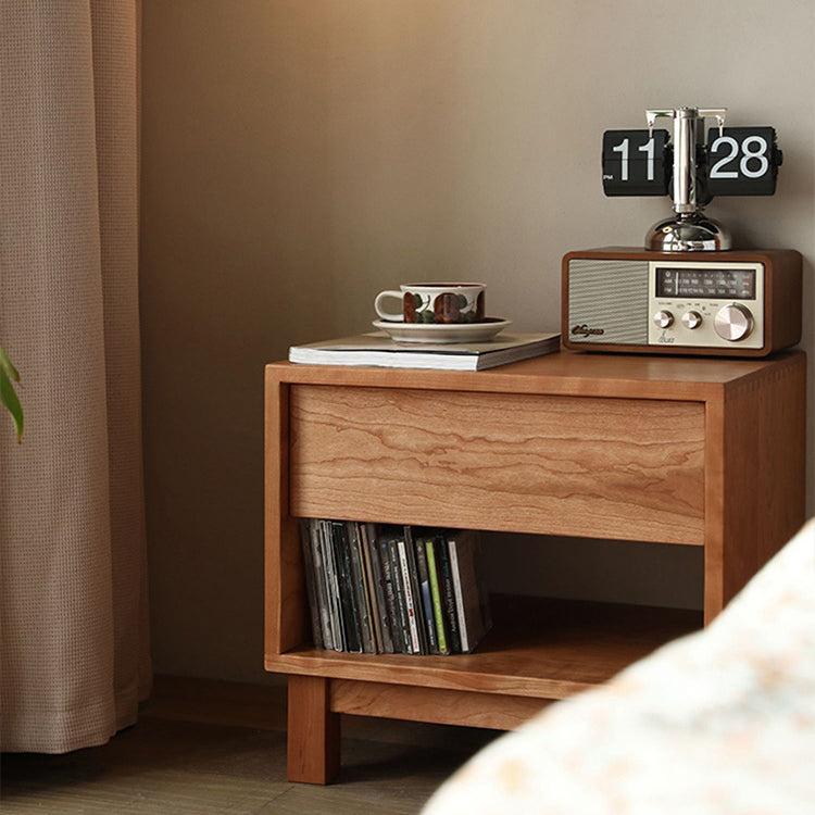 Traditional Japanese Solid Wood Rectangular Nightstand 2-Tier For Bedroom