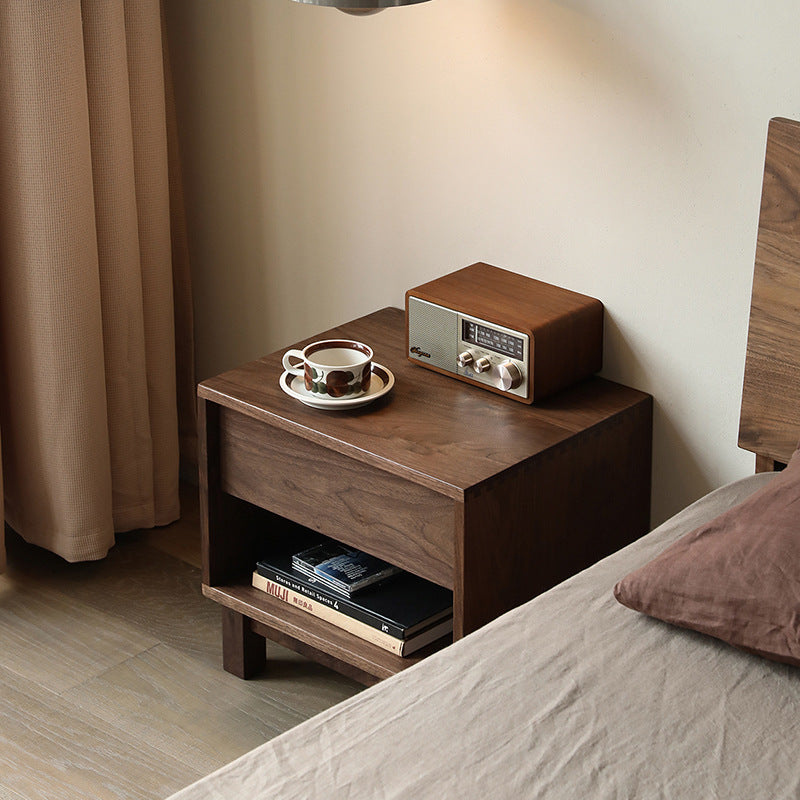 Traditional Japanese Solid Wood Rectangular Nightstand 2-Tier For Bedroom
