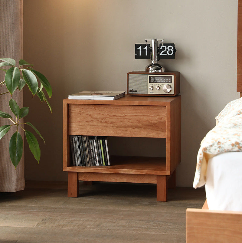 Traditional Japanese Solid Wood Rectangular Nightstand 2-Tier For Bedroom