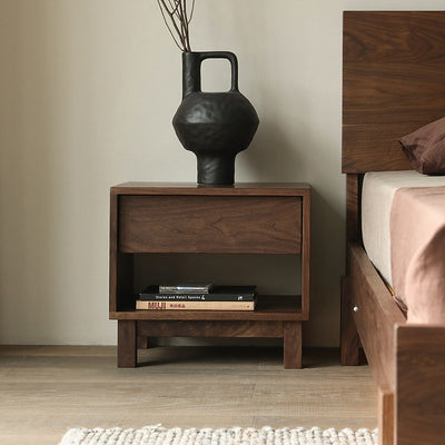 Traditional Japanese Solid Wood Rectangular Nightstand 2-Tier For Bedroom