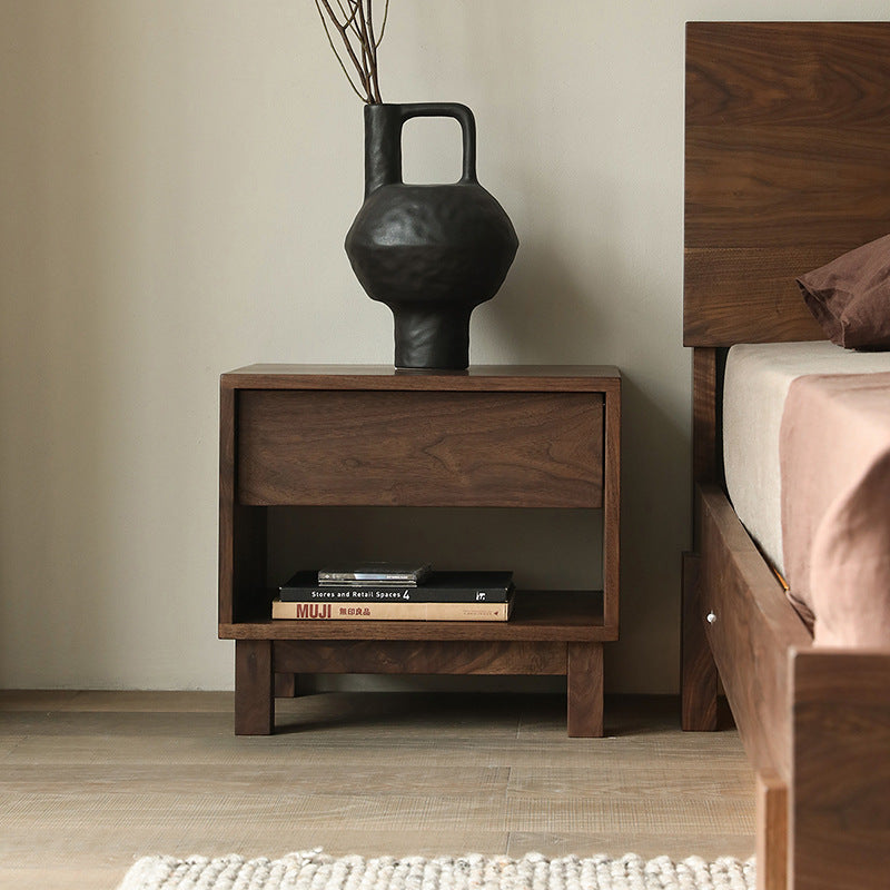 Traditional Japanese Solid Wood Rectangular Nightstand 2-Tier For Bedroom