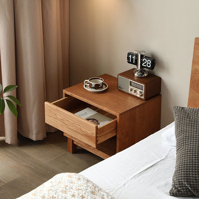 Traditional Japanese Solid Wood Rectangular Nightstand 2-Tier For Bedroom
