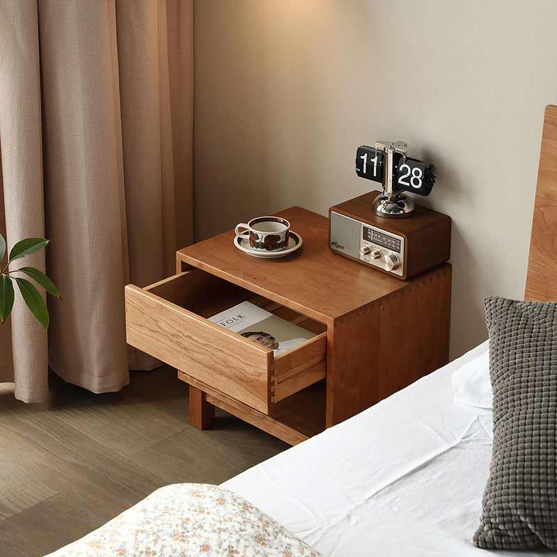 Traditional Japanese Solid Wood Rectangular Nightstand 2-Tier For Bedroom