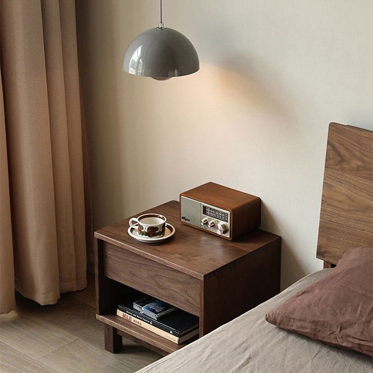 Traditional Japanese Solid Wood Rectangular Nightstand 2-Tier For Bedroom