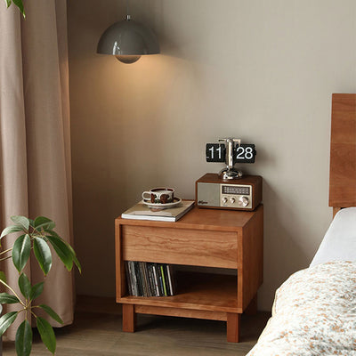 Traditional Japanese Solid Wood Rectangular Nightstand 2-Tier For Bedroom