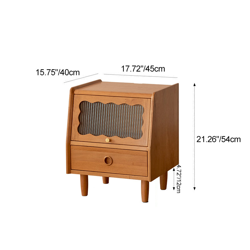 Modern Minimalist Cherry Wood Wave Square Nightstand With 2 Drawers For Bedroom