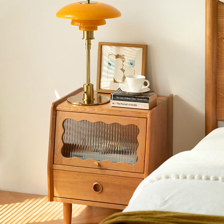 Modern Minimalist Cherry Wood Wave Square Nightstand With 2 Drawers For Bedroom