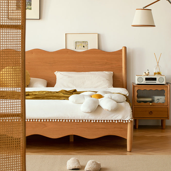Modern Minimalist Cherry Wood Wave Square Nightstand With 2 Drawers For Bedroom