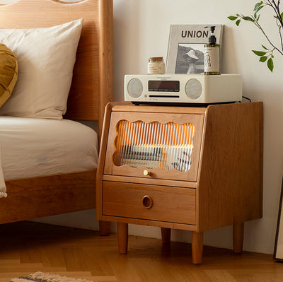 Modern Minimalist Cherry Wood Wave Square Nightstand With 2 Drawers For Bedroom