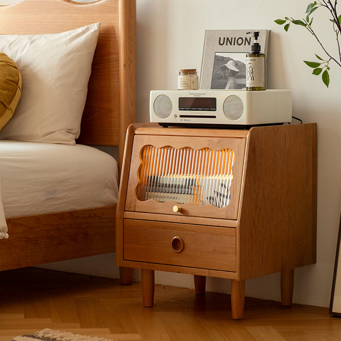 Modern Minimalist Cherry Wood Wave Square Nightstand With 2 Drawers For Bedroom