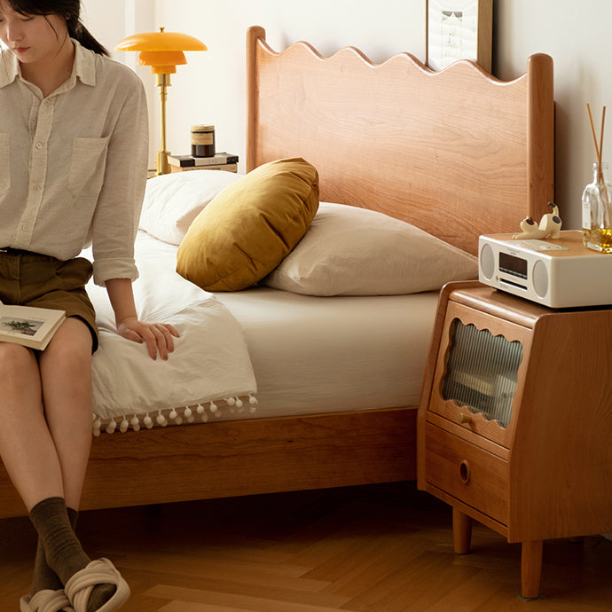 Modern Minimalist Cherry Wood Wave Square Nightstand With 2 Drawers For Bedroom