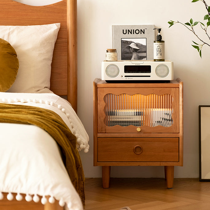 Modern Minimalist Cherry Wood Wave Square Nightstand With 2 Drawers For Bedroom
