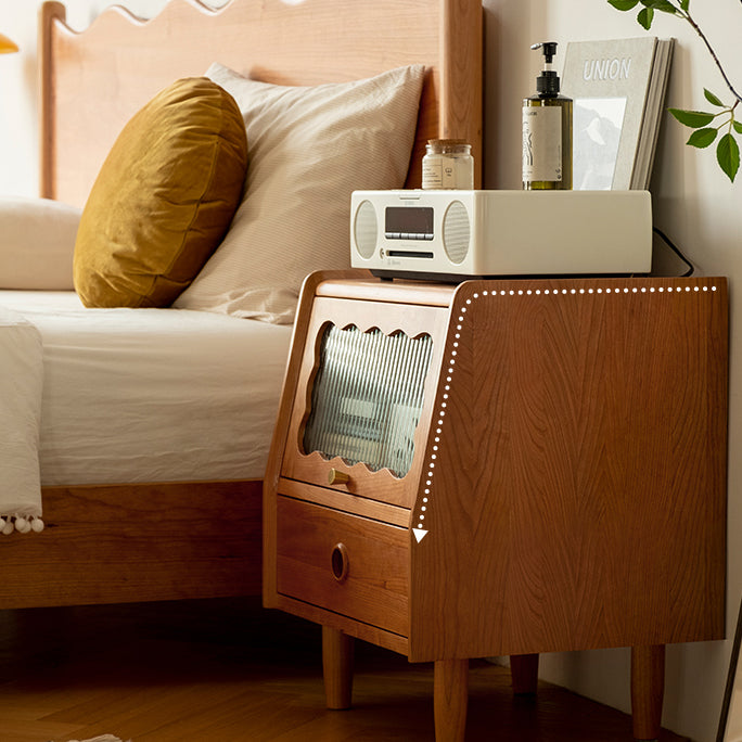 Modern Minimalist Cherry Wood Wave Square Nightstand With 2 Drawers For Bedroom