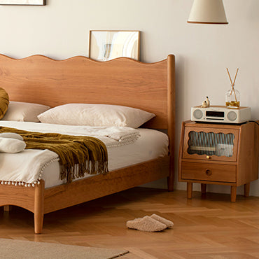 Modern Minimalist Cherry Wood Wave Square Nightstand With 2 Drawers For Bedroom