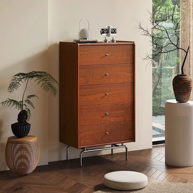 Table d'appoint rectangulaire incurvée en bois et métal scandinave contemporain à 5 tiroirs pour chambre et salon 