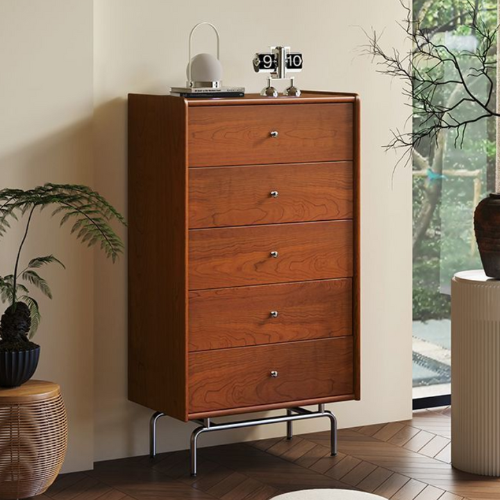 Table d'appoint rectangulaire incurvée en bois et métal scandinave contemporain à 5 tiroirs pour chambre et salon 