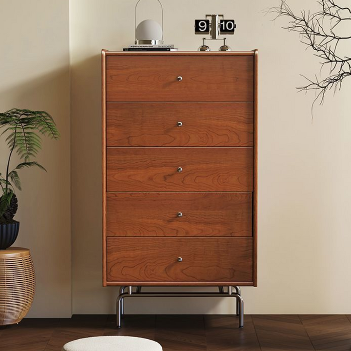 Table d'appoint rectangulaire incurvée en bois et métal scandinave contemporain à 5 tiroirs pour chambre et salon 
