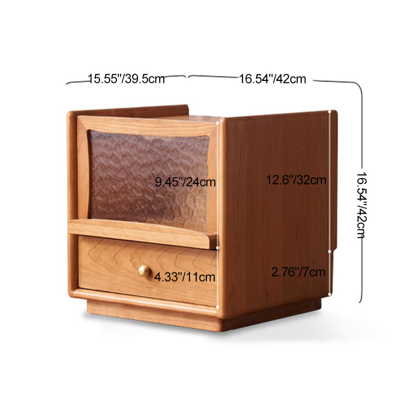 Contemporary Scandinavian Solid Wood Glass Rounded Square Nightstand 2-Drawer For Bedroom