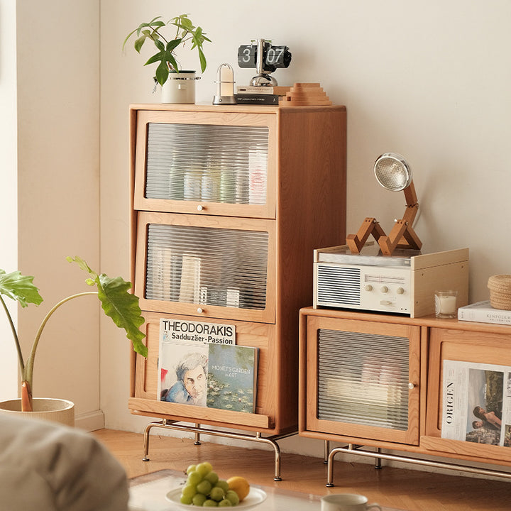 Table d'appoint rectangulaire incurvée en pin scandinave contemporain avec verre, acier inoxydable et métal, 3 rangements pour salon et salle à manger 