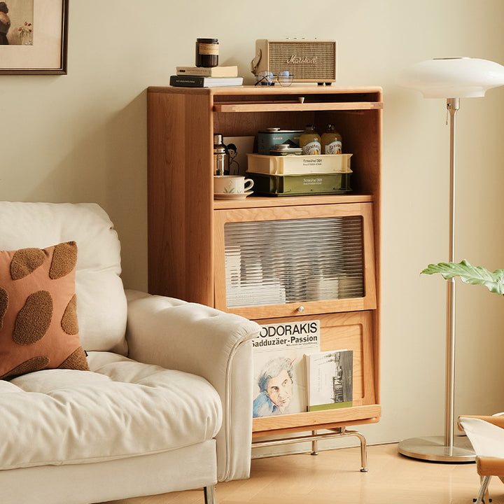 Table d'appoint rectangulaire incurvée en pin scandinave contemporain avec verre, acier inoxydable et métal, 3 rangements pour salon et salle à manger 
