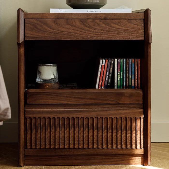 Contemporary Scandinavian Black Walnut Rectangular Textured Nightstand With 2 Tiers For Bedroom