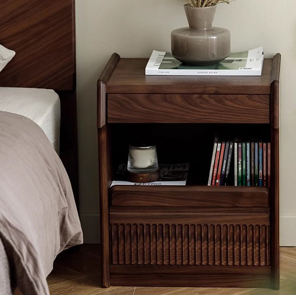 Contemporary Scandinavian Black Walnut Rectangular Textured Nightstand With 2 Tiers For Bedroom