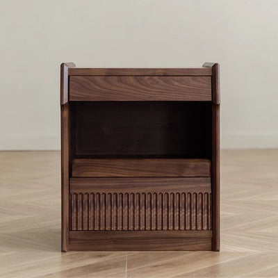 Contemporary Scandinavian Black Walnut Rectangular Textured Nightstand With 2 Tiers For Bedroom