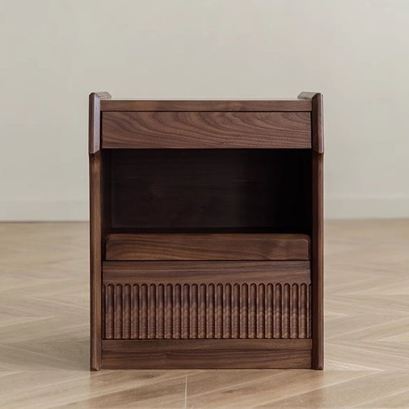 Contemporary Scandinavian Black Walnut Rectangular Textured Nightstand With 2 Tiers For Bedroom