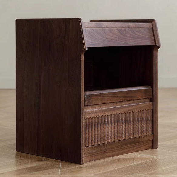 Contemporary Scandinavian Black Walnut Rectangular Textured Nightstand With 2 Tiers For Bedroom