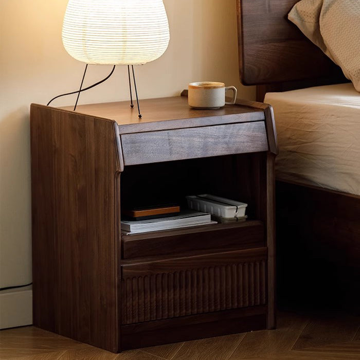 Contemporary Scandinavian Black Walnut Rectangular Textured Nightstand With 2 Tiers For Bedroom