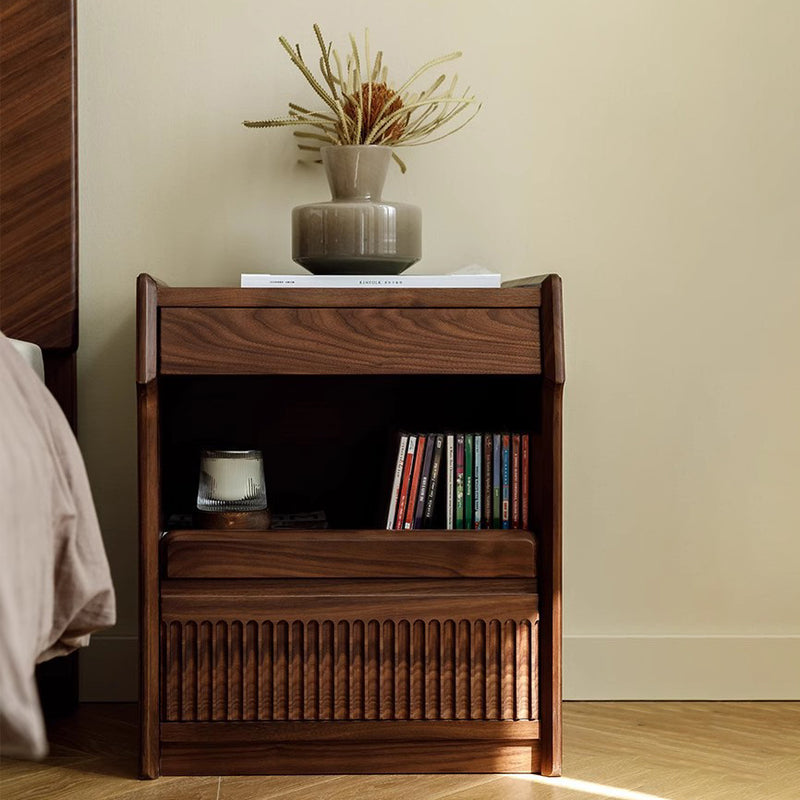 Contemporary Scandinavian Black Walnut Rectangular Textured Nightstand With 2 Tiers For Bedroom