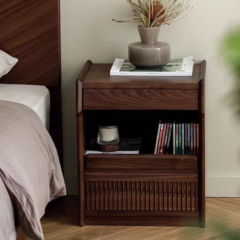 Contemporary Scandinavian Black Walnut Rectangular Textured Nightstand With 2 Tiers For Bedroom